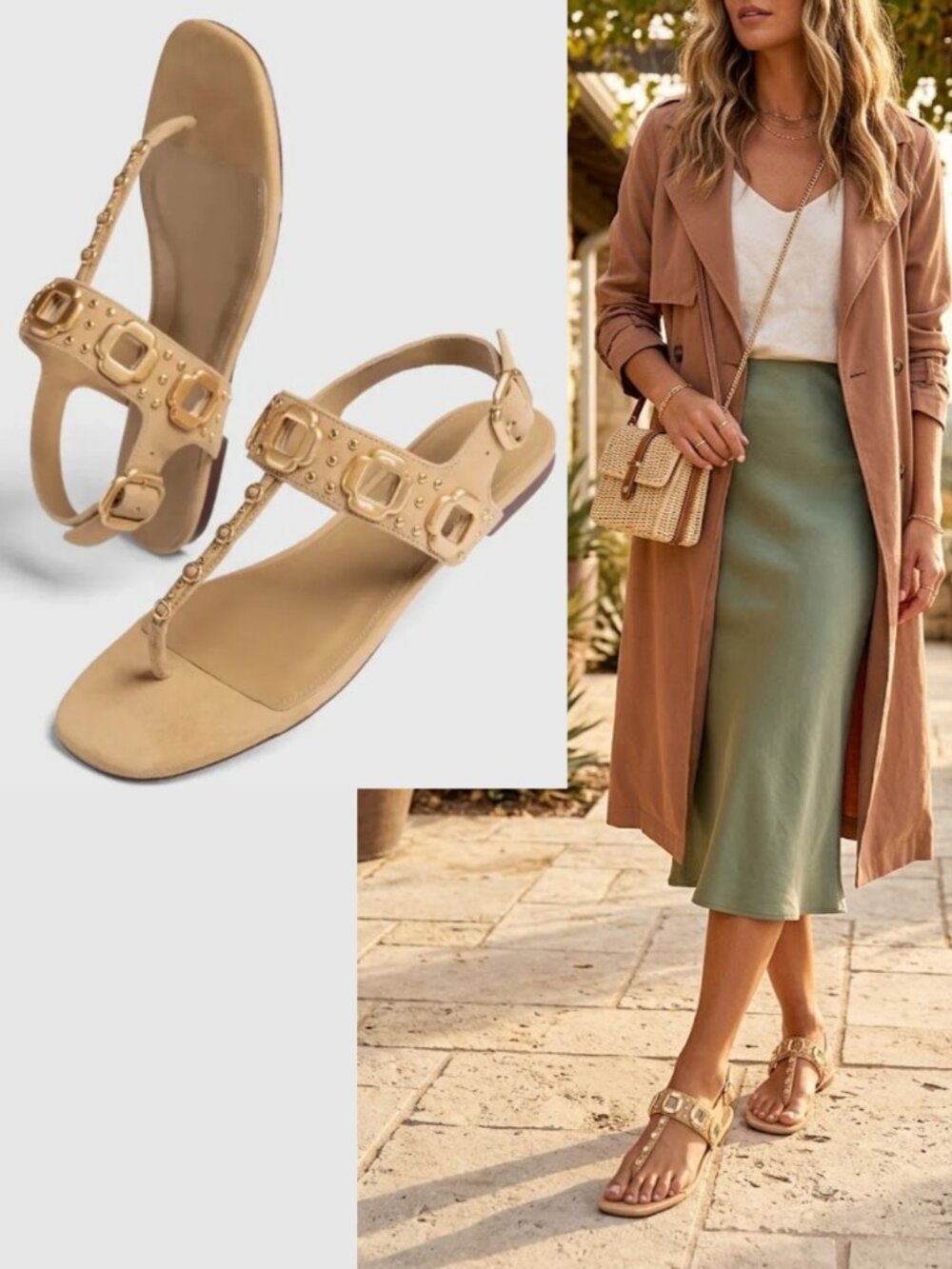 Larroude Milan Studs Thong Sandal In Peanut Suede